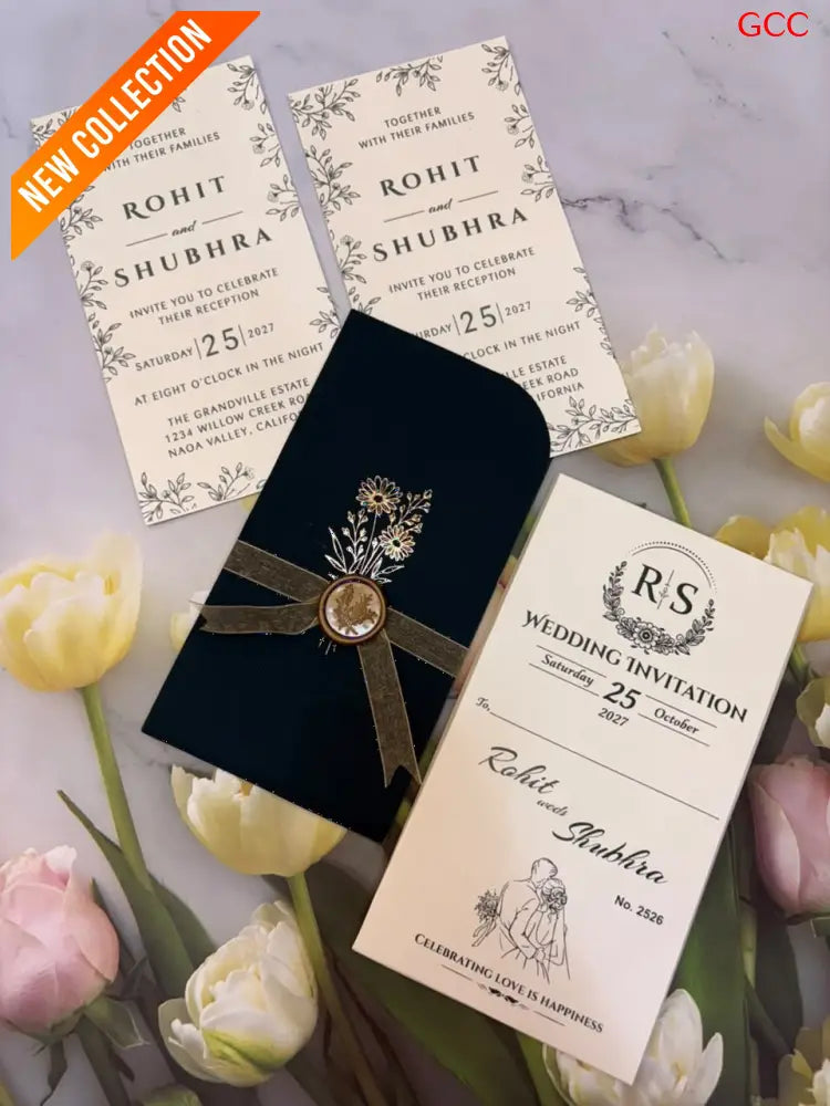 Black Velvet Touch Wedding Invitation Suite with Gold Foil Wildflowers & Wax Seal