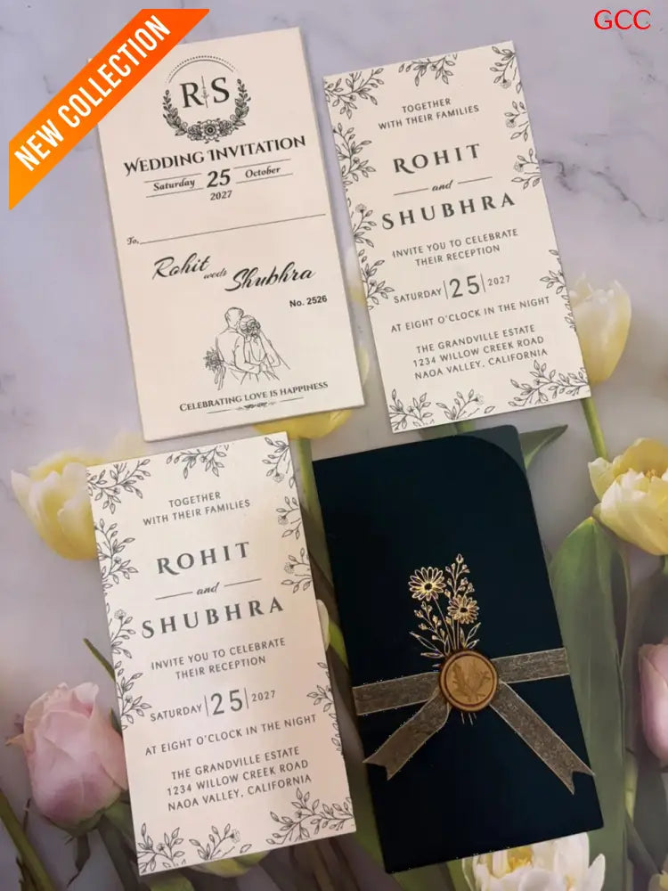 Black Velvet Touch Wedding Invitation Suite with Gold Foil Wildflowers & Wax Seal