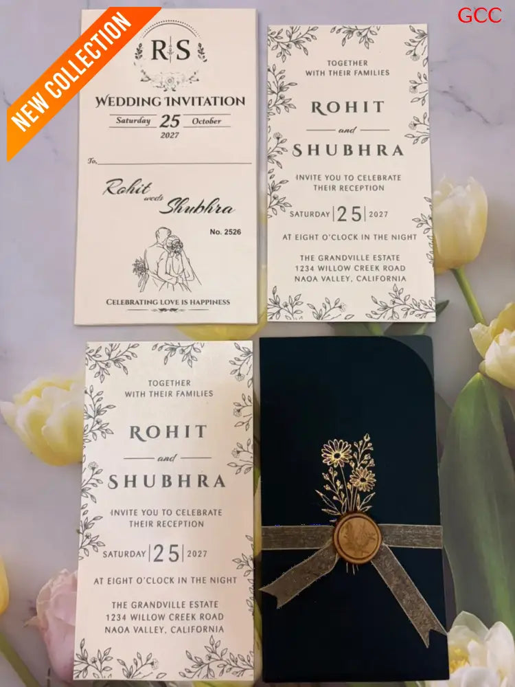 Black Velvet Touch Wedding Invitation Suite with Gold Foil Wildflowers & Wax Seal