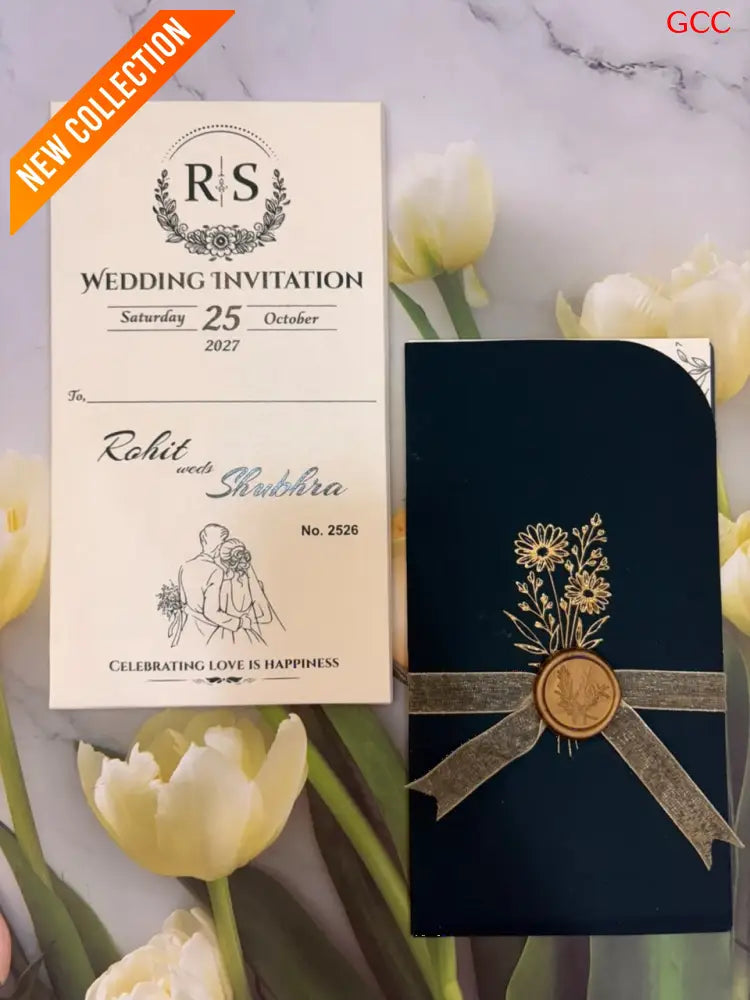 Black Velvet Touch Wedding Invitation Suite with Gold Foil Wildflowers & Wax Seal