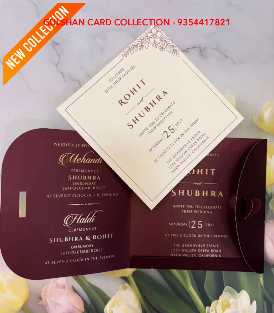 Burgundy & Gold Foil Floral Interlocking Heart Wedding Invitation Suite