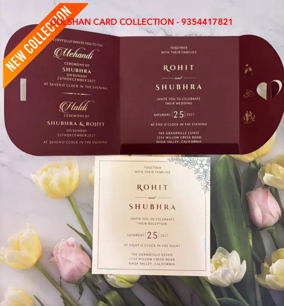 Burgundy & Gold Foil Floral Interlocking Heart Wedding Invitation Suite