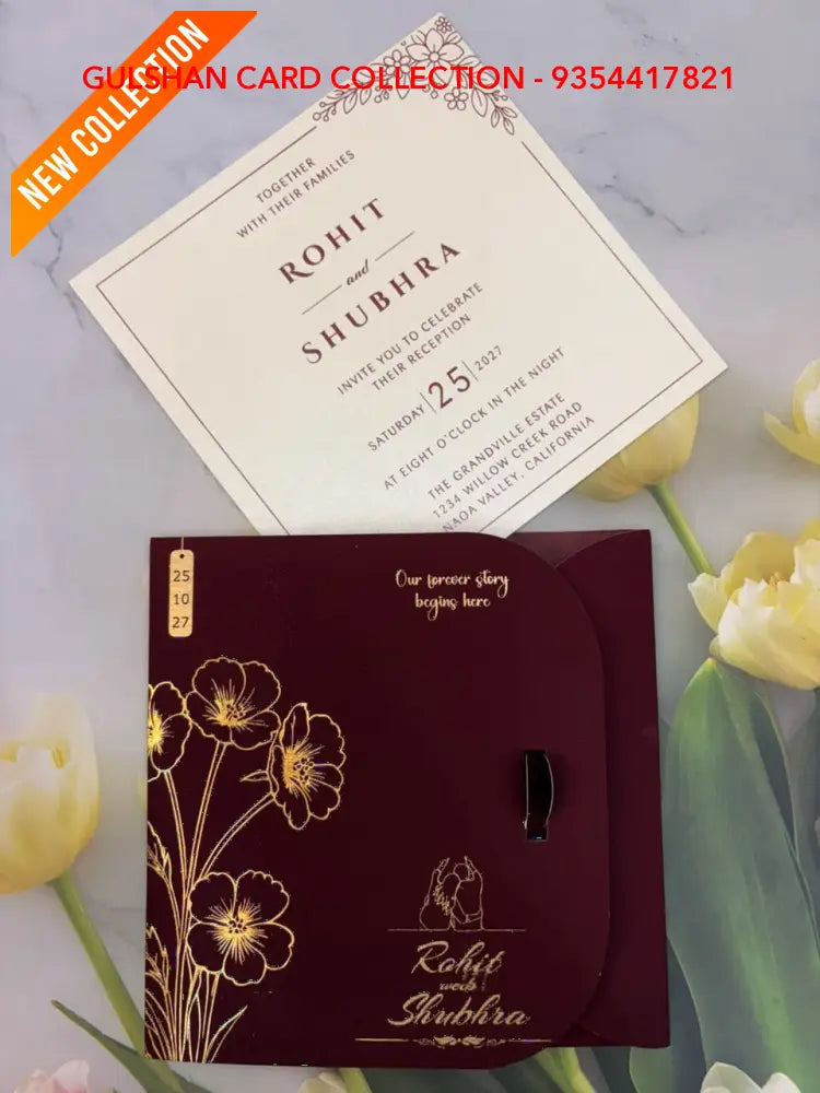 Burgundy & Gold Foil Floral Interlocking Heart Wedding Invitation Suite