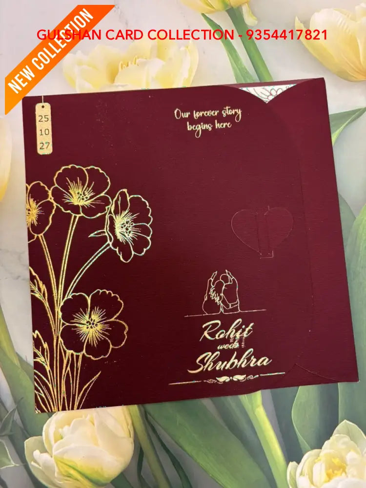 Burgundy & Gold Foil Floral Interlocking Heart Wedding Invitation Suite