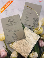 Elegant Taupe & Ivory Wedding Invitation Set with Gold Foil Calendar Design