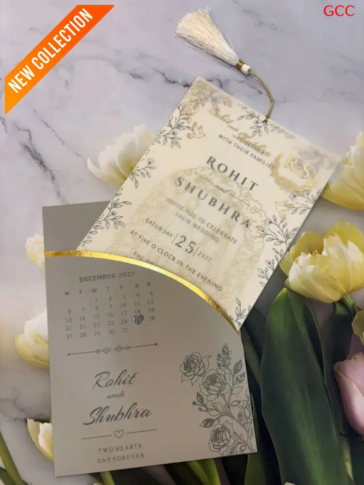 Elegant Taupe & Ivory Wedding Invitation Set with Gold Foil Calendar Design
