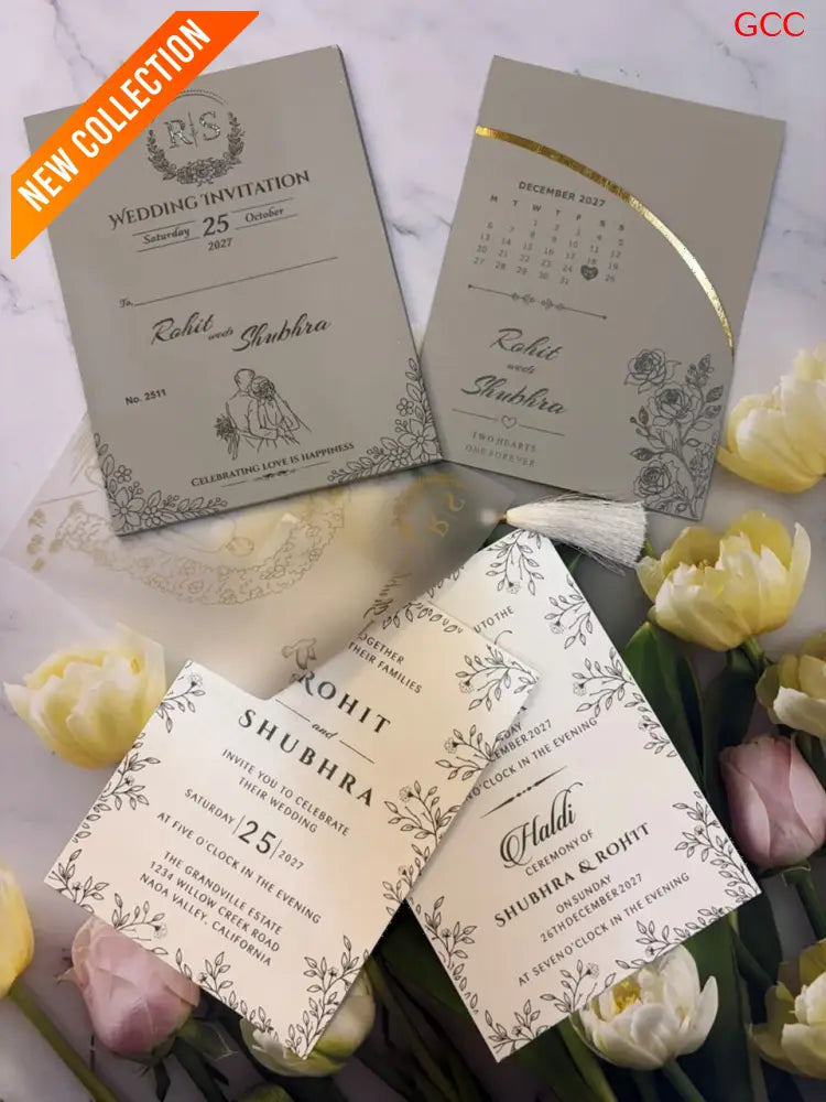 Elegant Taupe & Ivory Wedding Invitation Set with Gold Foil Calendar Design