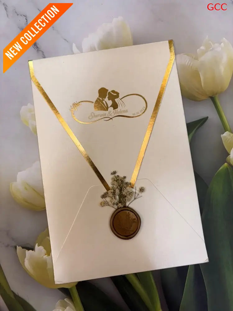 Ivory Cream & Gold Foil Geometric Flap Wedding Invitation Suite with Wax Seal