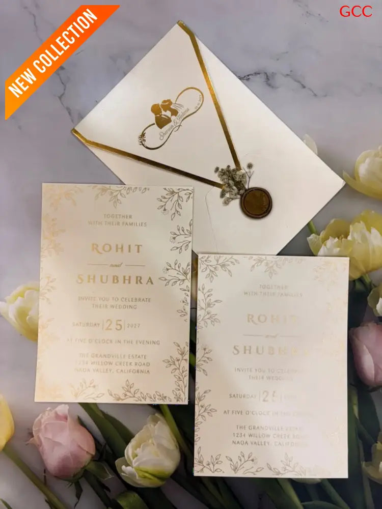 Ivory Cream & Gold Foil Geometric Flap Wedding Invitation Suite with Wax Seal
