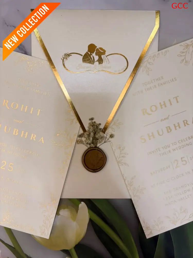 Ivory Cream & Gold Foil Geometric Flap Wedding Invitation Suite with Wax Seal