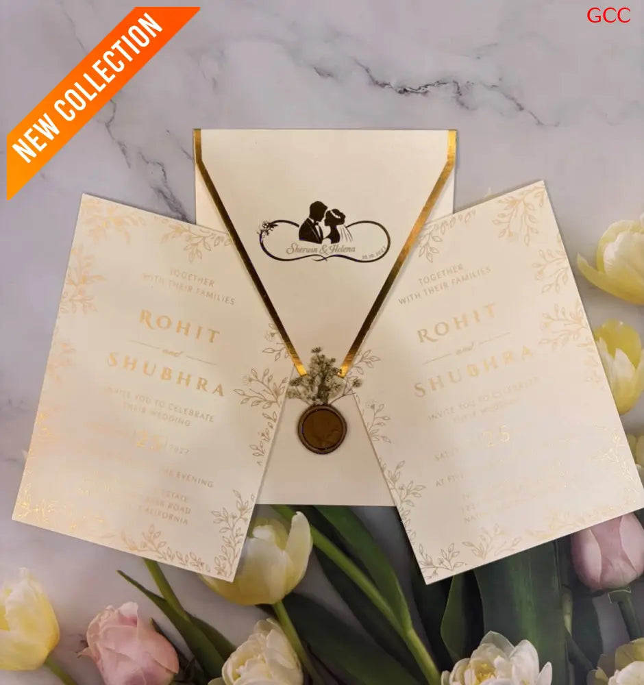 Ivory Cream & Gold Foil Geometric Flap Wedding Invitation Suite with Wax Seal