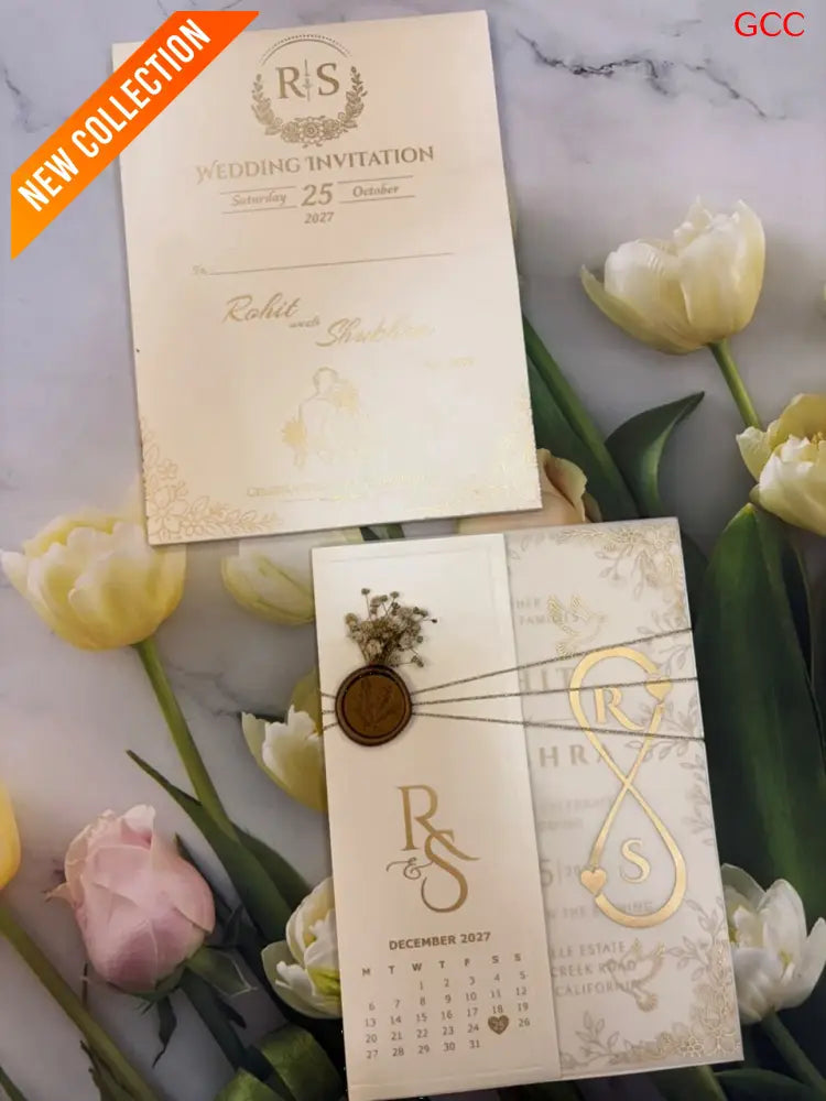 Ivory & Gold Foil Infinity Monogram Wedding Suite with Vellum & Calendar Insert