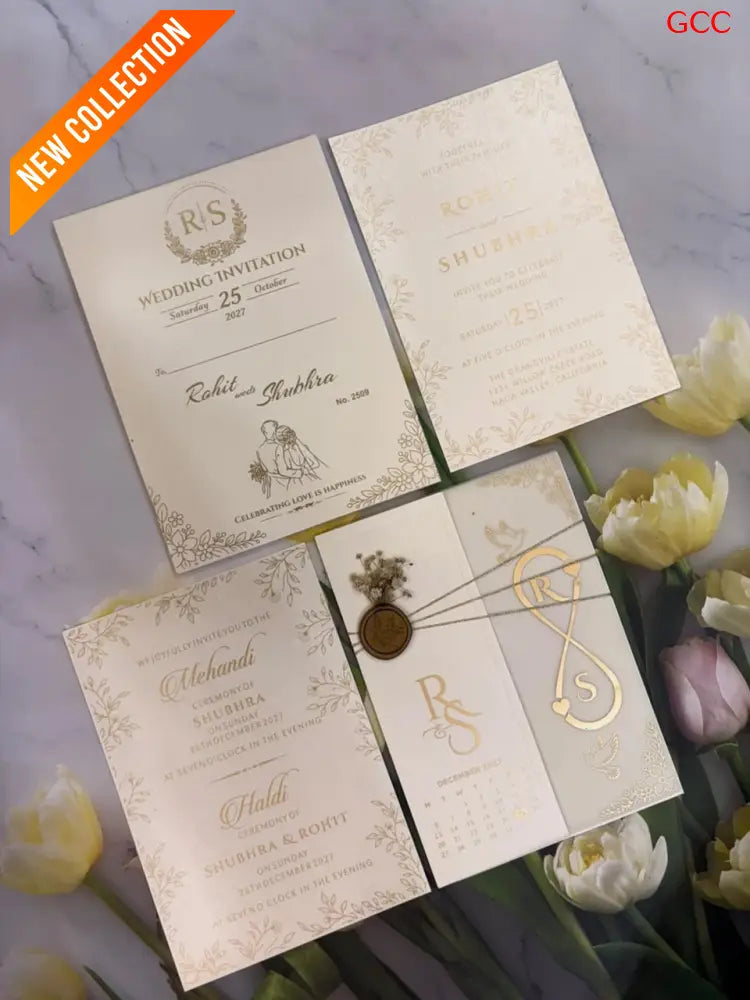 Ivory & Gold Foil Infinity Monogram Wedding Suite with Vellum & Calendar Insert