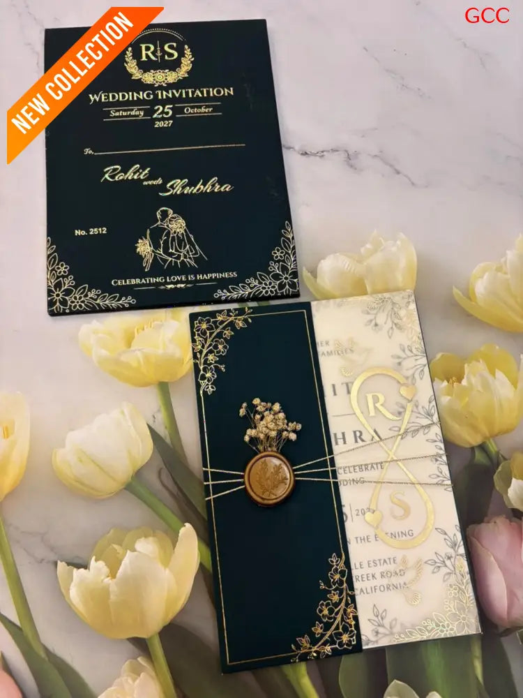 Luxury Dark Green Wedding Invitation Card with Gold Foil Design | Premium Marriage Invitation Set