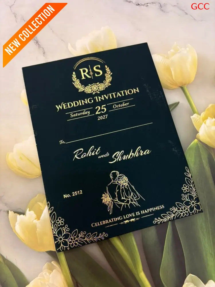 Luxury Dark Green Wedding Invitation Card with Gold Foil Design | Premium Marriage Invitation Set