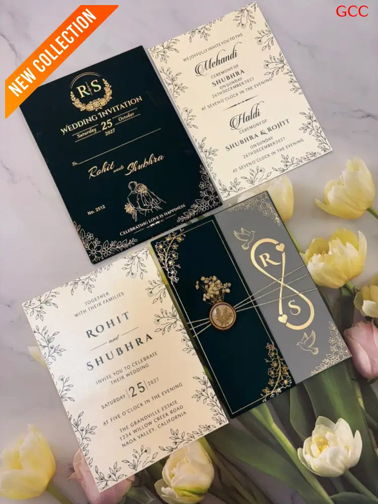Luxury Dark Green Wedding Invitation Card with Gold Foil Design | Premium Marriage Invitation Set