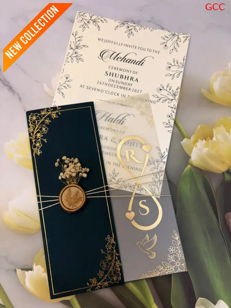 Luxury Dark Green Wedding Invitation Card with Gold Foil Design | Premium Marriage Invitation Set