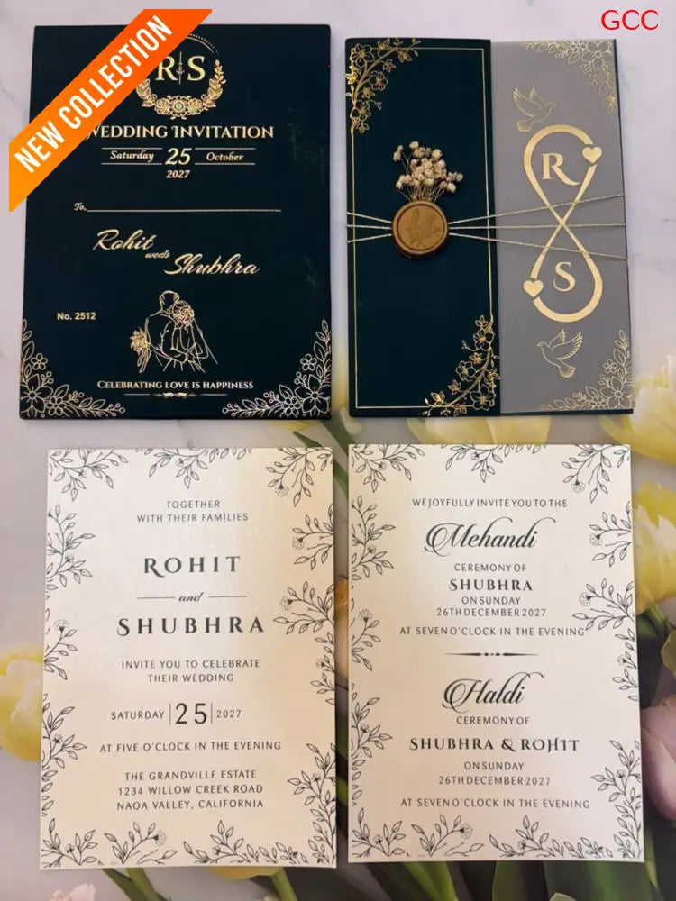 Luxury Dark Green Wedding Invitation Card with Gold Foil Design | Premium Marriage Invitation Set