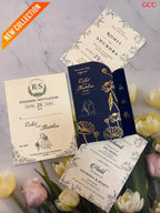 Midnight Blue & Gold Foil Lotus Arched Wedding Invitation Suite
