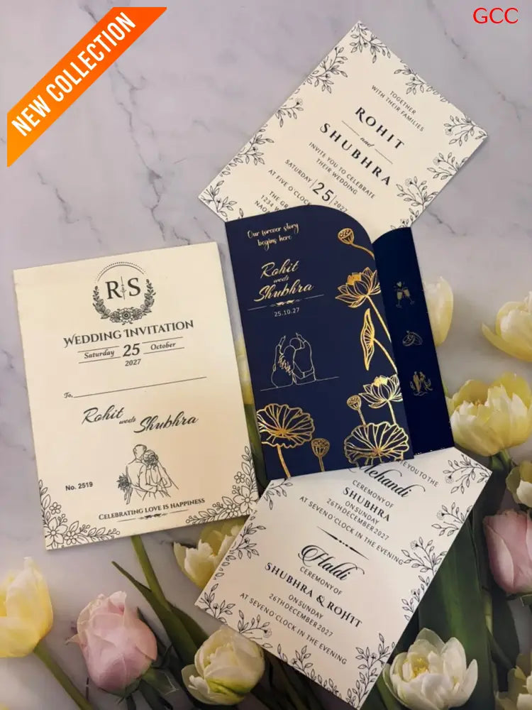Midnight Blue & Gold Foil Lotus Arched Wedding Invitation Suite