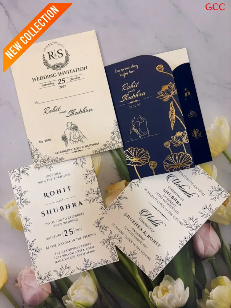 Midnight Blue & Gold Foil Lotus Arched Wedding Invitation Suite
