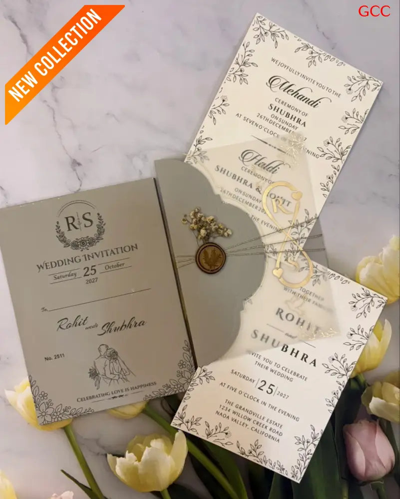 Minimalist Sage & Gold Foil Monogram Wedding Invitation Suite