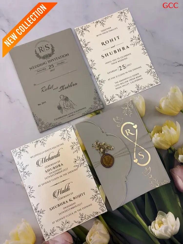 Minimalist Sage & Gold Foil Monogram Wedding Invitation Suite