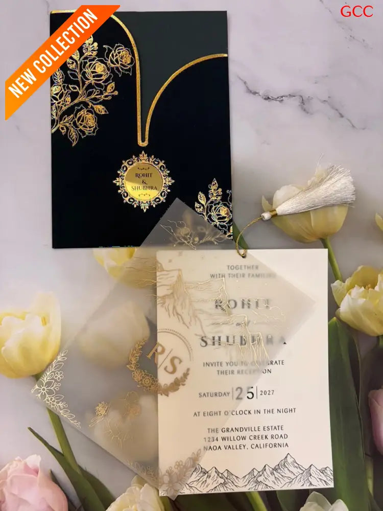 Opulent Black & Gold Foil Floral Wedding Invitation Suite with Vellum Overlay