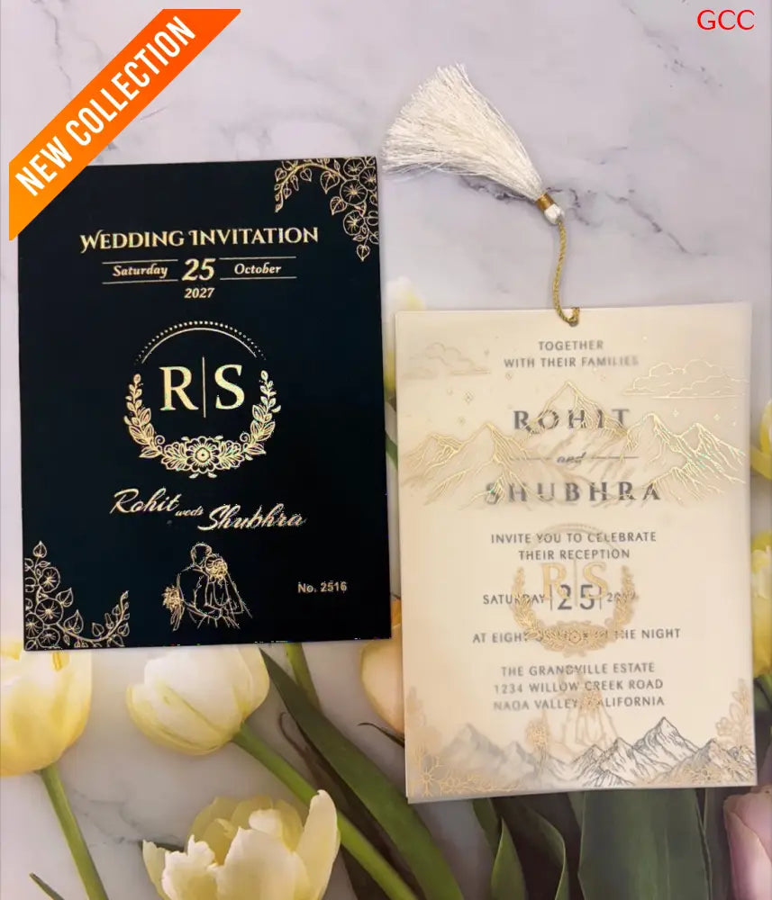 Opulent Black & Gold Foil Floral Wedding Invitation Suite with Vellum Overlay