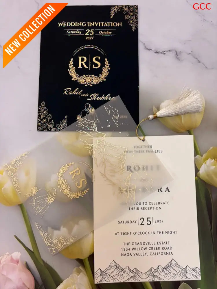 Opulent Black & Gold Foil Floral Wedding Invitation Suite with Vellum Overlay