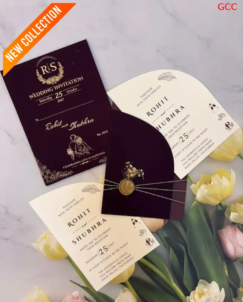 Premium Burgundy Wedding Invitation Card with Gold Foil Printing | Elegant Marriage Invite