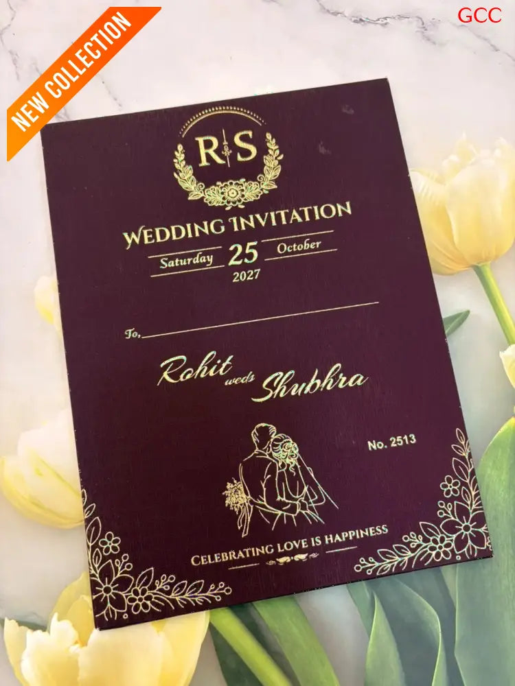 Premium Burgundy Wedding Invitation Card with Gold Foil Printing | Elegant Marriage Invite