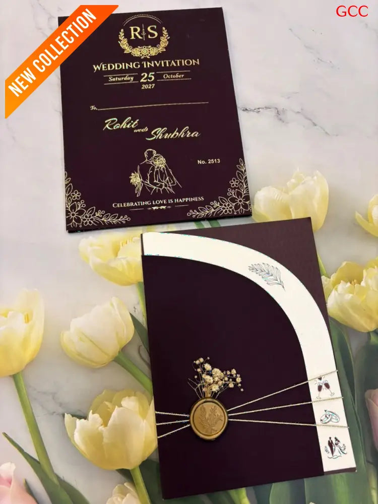 Premium Burgundy Wedding Invitation Card with Gold Foil Printing | Elegant Marriage Invite
