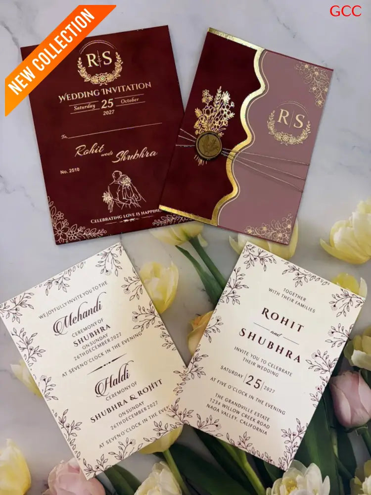 Royal Maroon Velvet & Gold Foil Wedding Invitation Suite (with Custom Monogram & Wax Seal)