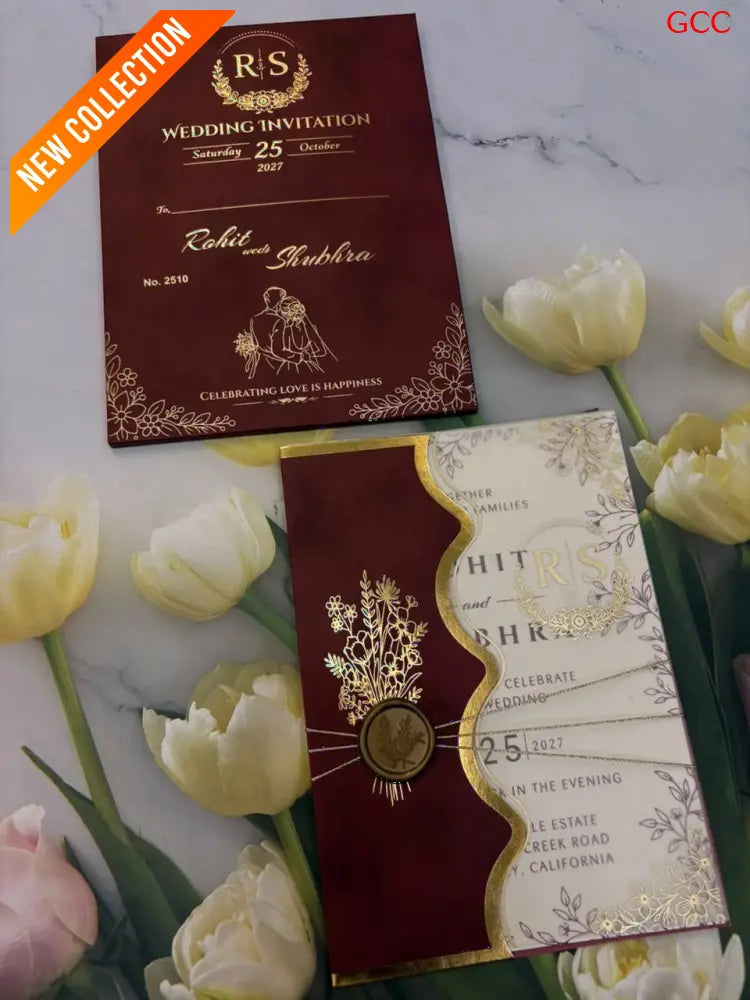 Royal Maroon Velvet & Gold Foil Wedding Invitation Suite (with Custom Monogram & Wax Seal)