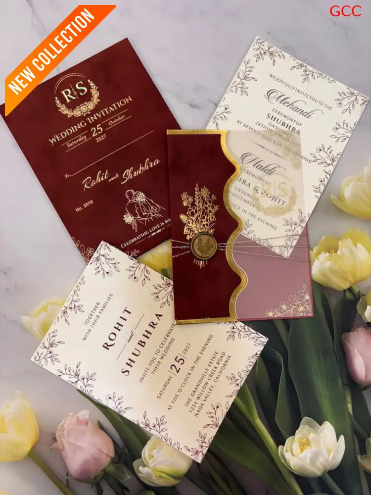 Royal Maroon Velvet & Gold Foil Wedding Invitation Suite (with Custom Monogram & Wax Seal)