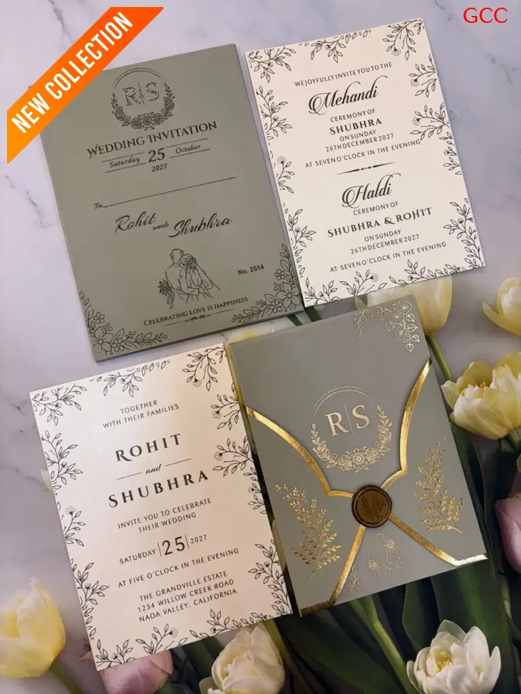 Royal Sage & Gold Crest Wedding Invitation Set with Wax Seal