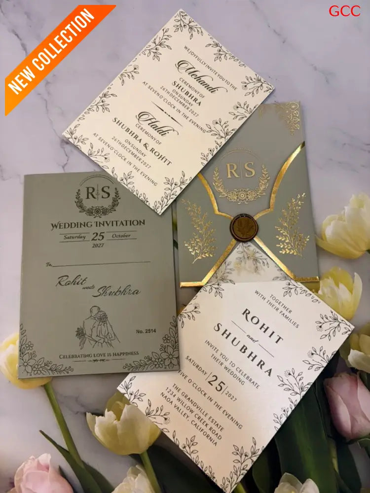 Royal Sage & Gold Crest Wedding Invitation Set with Wax Seal
