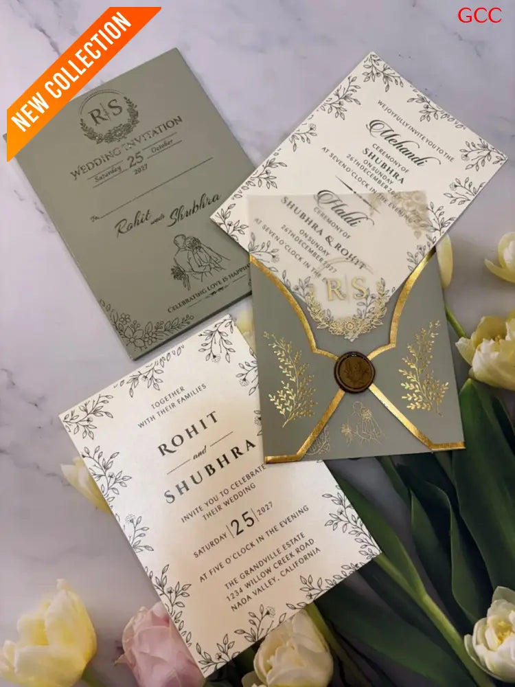 Royal Sage & Gold Crest Wedding Invitation Set with Wax Seal