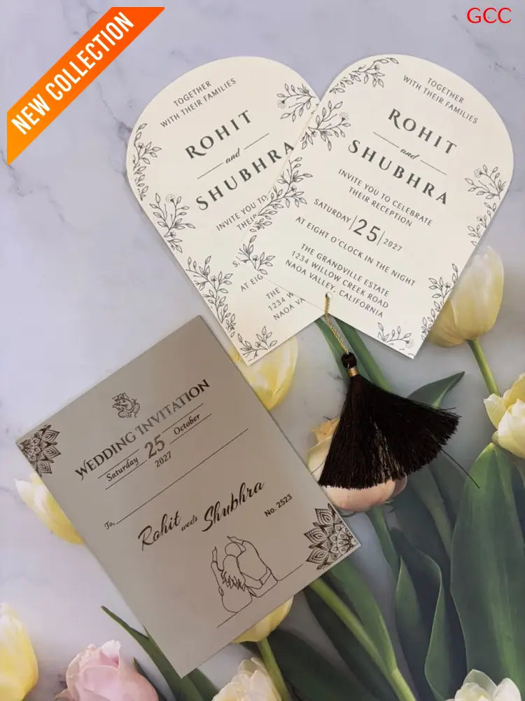 Taupe & Gold Foil Monogram Wreath Arch Wedding Invitation Suite with Tassel