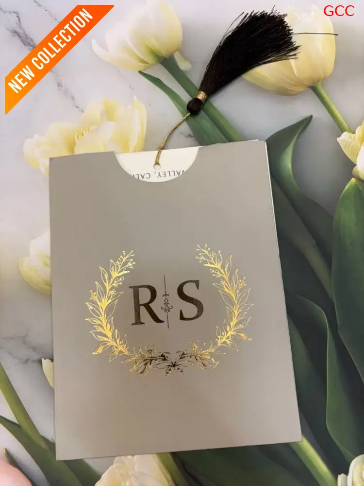 Taupe & Gold Foil Monogram Wreath Arch Wedding Invitation Suite with Tassel