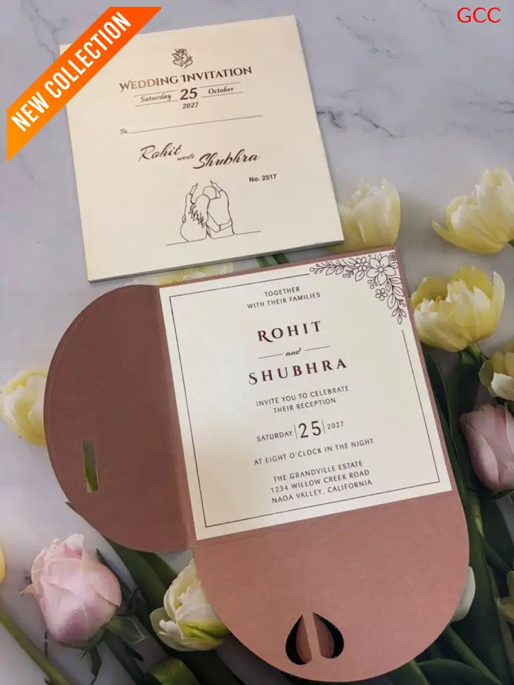 Terracotta Arched Pocket Wedding Invitation Suite with Line Art Illustration