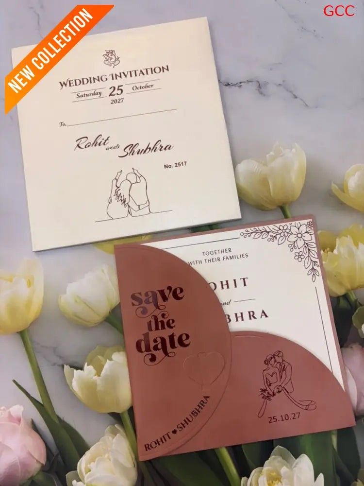 Terracotta Arched Pocket Wedding Invitation Suite with Line Art Illustration