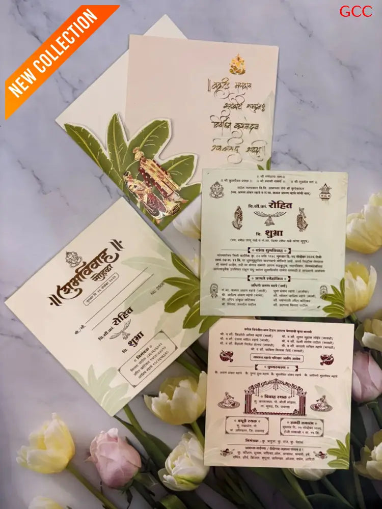 Traditional Banana Leaf Die-Cut Indian Wedding Invitation Suite with Bride & Groom Illustration
