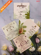 Traditional Banana Leaf Die-Cut Indian Wedding Invitation Suite with Bride & Groom Illustration